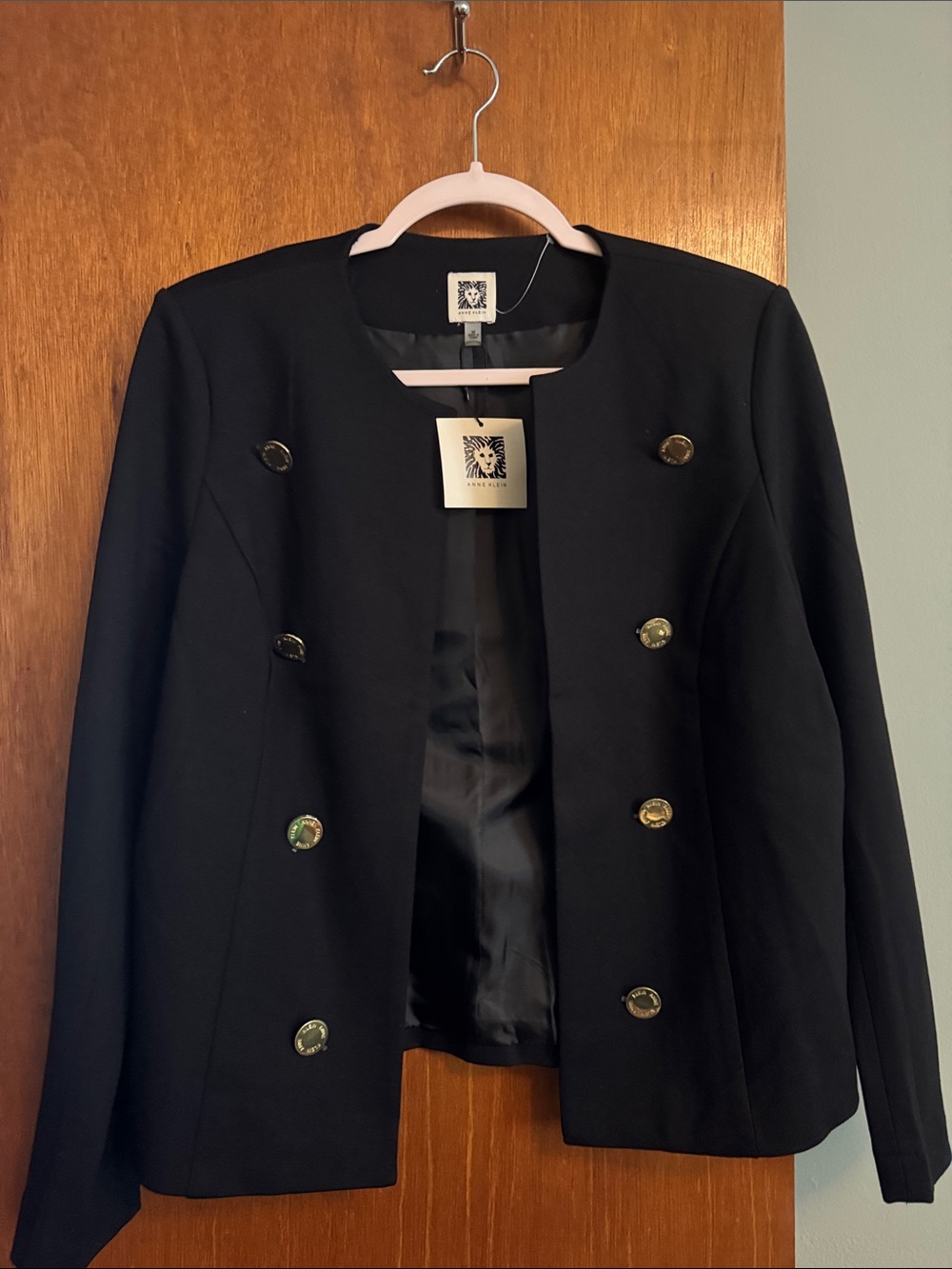 Anne Klein Black Double-Breasted Collarless Blazer with Gold Buttons